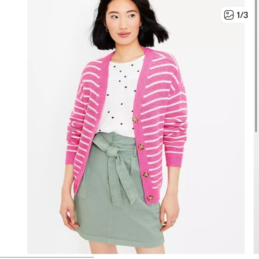 Loft Pink and White Striped Relaxed Button-Front Cardigan